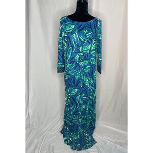 Lilly Pulitzer Blue & Green Tropical Print Maxi Dress With Gold Button XL